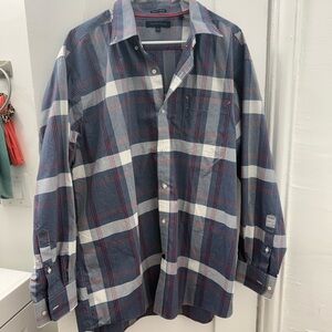 Tommy Hilfiger Blue Plaid Button-Down Shirt with White and Red Accents